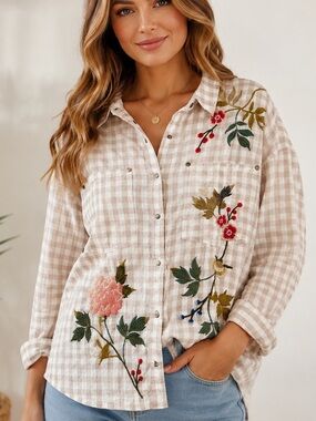 X Large Johnny Was Workshop Adele Gingham Pocket Overshirt Boho Chic